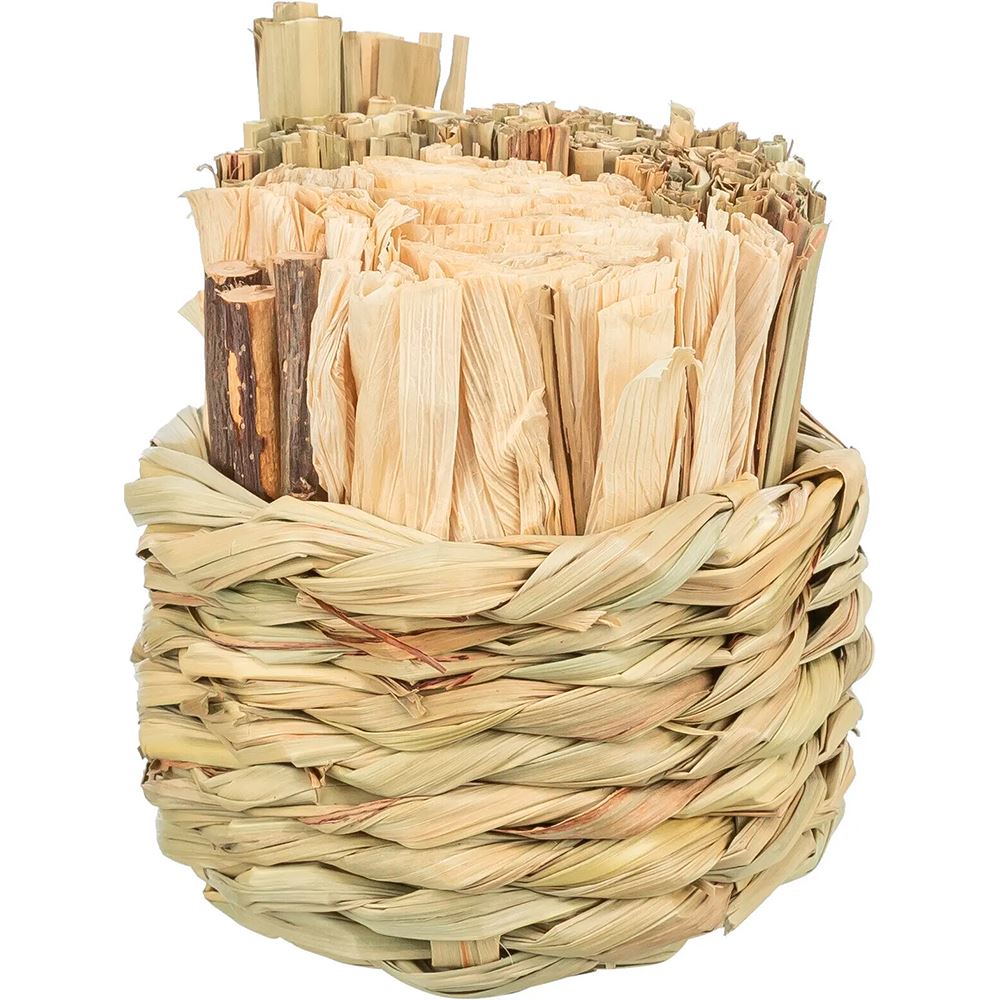 CESTA DE FENO COM FOLHAS E PEDAÇOS MADEIRA